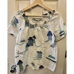 Orchadia Petites White Linen Cotton Blouse Top Tropical Floral Beach‎ Size PS